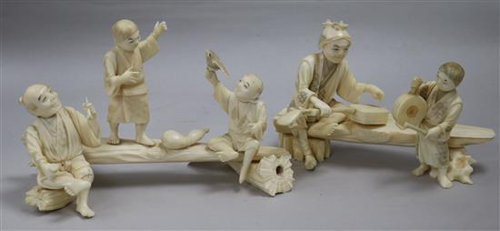 Two Japanese sectional ivory groups of figures on benches, early 20th century,